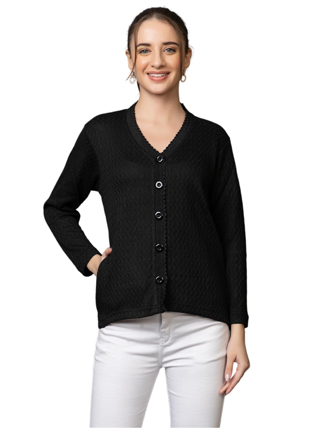 swaaglok - style that speaks Women’s Woolen V-Neck Button Down Cardigan Sweater | Stylish Winter Knitwear with Full Sleeves & Side Pockets | Warm & Comfortable Winter Wear for Women & Girls-picture-54
