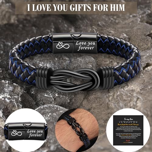 I Love You Gifts for Him Leather Bracelet for Men Knot Infinity Bracelets Valentines Day Gift for Husband Boyfriend Dad Son Grandson Anniversary Birthday Jewelry Graduation Gifts for Him 2024