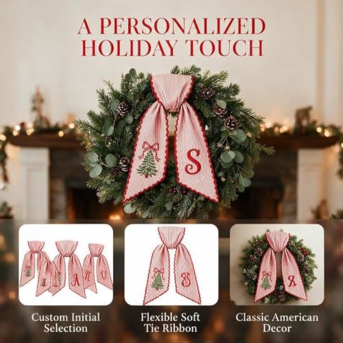 Christmas Wreath Sash for Front Door, Personalized with Initial Bow, A - image 4