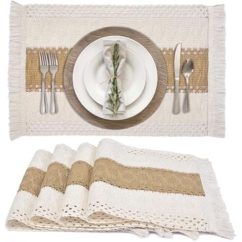 Boho Placemats Set of 4, Kitchen Table mats, Macrame Cotton Jute Rectangle Placemats with Tassels for Dining Table, Summer Fall Farmhouse Rustic Table Decor, 12”x20” Cover