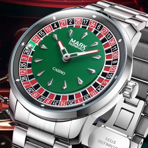 Image of MARK FAIRWHALE Casino Roulette Dial Men's Watch, Stainless Steel Band, Silver Green, 43mm, Quartz Movement, Water Resistant 3 Bar, Luminous Hands