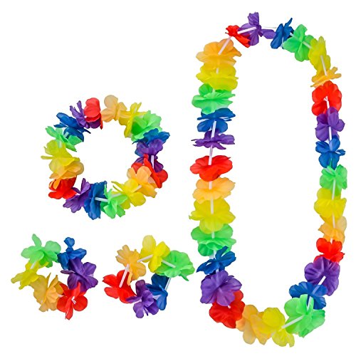 homiki 4u00a0Stück Hawaiianische Blumen-Kränze, Girlanden Blumen-Halskette Blumen-Stirnband Halskette Armband Set, für Hulatanz, Abend am Strand