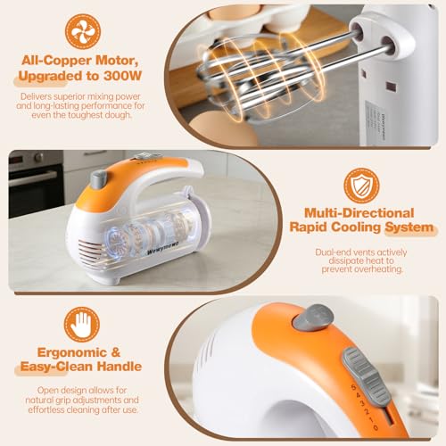 Image of 300W 5-Speed Electric Hand Mixer with 3 Thickened Nesting Mixing Bowls, Measuring Cups and Spoons, Complete Kitchen Cake Mixer with Paddle, Dough Hook and Whisk for Baking