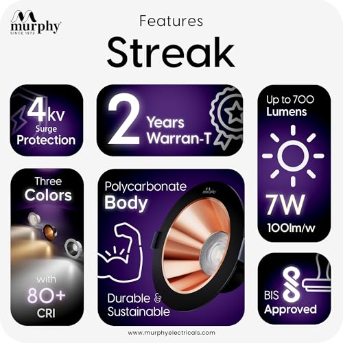 Image of Murphy 7W Streak LED Down Light BL+Copper Finish, Natural White Light, Round, Pack of 30, Recessed Ceiling LED Light, Suited for 3 inch Junction Box /Concealed Box (2 Years Warranty)
