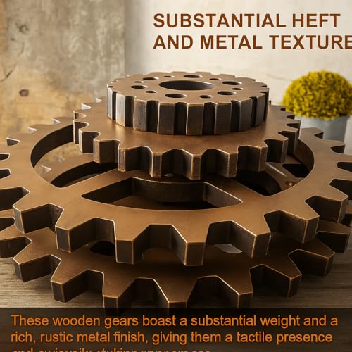 6 Piece Extra Large Vintage Wooden Gears Wooden Gears Wheels with Rustic Metal Look - Industrial Style Wall Decor Set for Home, Bar, Cafe, and DIY Crafts
