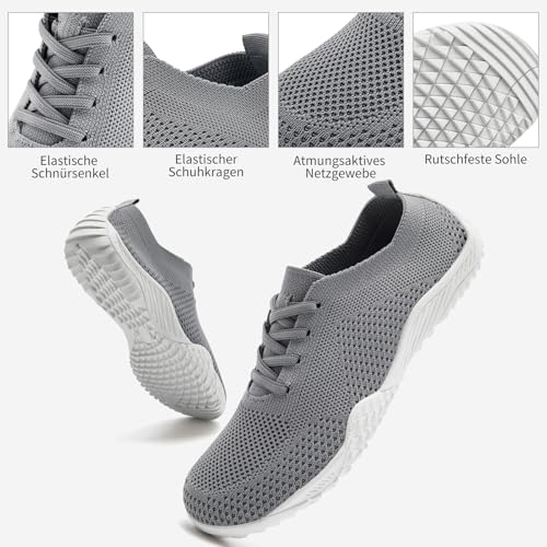 RJYWGS Sneaker Damen Schuhe Barfuss Turnschuhe Laufschuhe Joggingschuhe Freizeitschuhe Gym Sportschuhe Tennisschuhe Bequeme Barfußschuhe Atmungsaktiv Straßenlaufschuhe Minimalistische Damen Grau 39EU