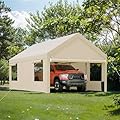JY QAQA Carport, 10x20 FT Heavy Duty Carport with Removable Side Walls and Doors, Portable Garage with Roll-Up Window and Sandbags, Car Canopy with All-Season Tarp for Cars, Trucks, Boats, Khaki