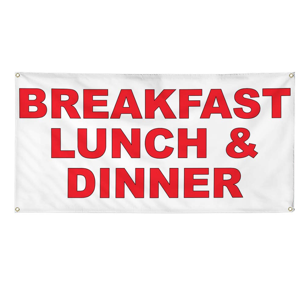 Vinyl Banner Multiple Sizes Breakfast Lunch & Dinner Red Food Bar Restaurant Truck Lifestyle Outdoor Weatherproof Industrial Yard Signs 4 Grommets