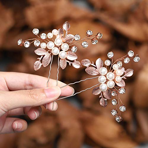 Zoestar Braut Hochzeit Haarnadeln Kristall Kopfschmuck Perle Haarspangen Braut Blatt Haarschmuck für Frauen und Mädchen (2 Stück) (Roségold) Cover