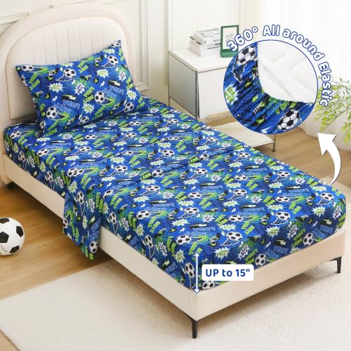 Image of Viviland 3 Pieces Boys Soccer Twin Sheet Set - Soft Microfiber Fitted Flat Sheets & Pillowcase Bed Sheet Set - Navy Football Print Bedding Sets for Kids
