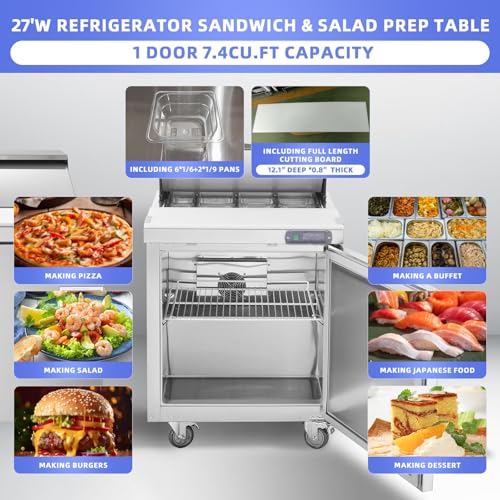 Image of JINSONG 28 inch W 1-Door Refrigerator Sandwich Salad Prep Table, Commercial Stainless Steel, Fan Cooling, 7.4 Cu.ft, with Cutting Board, 1 Shelf & 8 Pans for Restaurant, Bar, Shop
