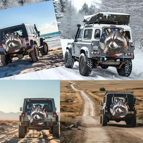 Image of Raccoon Flag Spare Tire Cover for Rv Trailer Camper Truck SUV - Cute Raccoon Animal Wheel Protectors Cover Waterproof Fabric for Travel Camping Outdoor,Universal Fit,14 inch