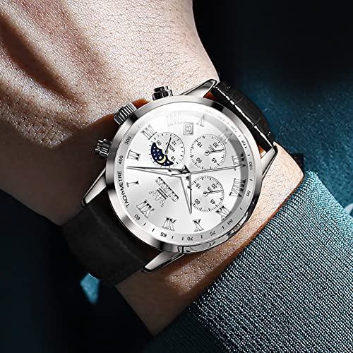 Image of OLEVS Men's Leather Analog Quartz Watch - Luxury Chronograph Wristwatch with Date, Waterproof, Luminous - Dress Style