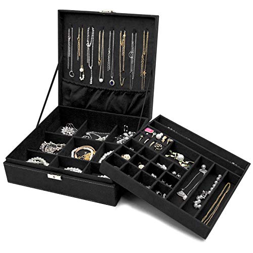 ProCase Estuche Joyero Grande Aterciopelado para Mujer, Caja Organizadora de 2 Pisos con Colgador de Collares Pendientes, Guardar Joyas Accesorios Decoración Pulseras Anillos Relojes en Hogar -Negro