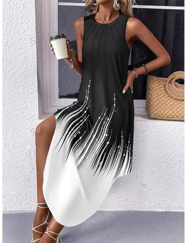 Image of Zeagoo Women Floral Summer Casual Beach Printed Tank Dress with Pockets Pleated Front Long Dress