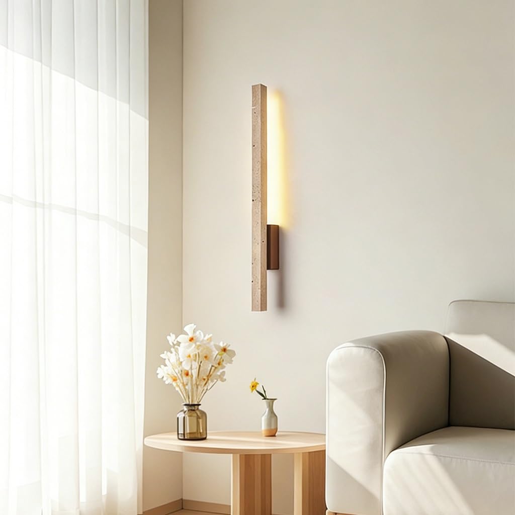 Aplique De Pared Largo Lineal WabiSabi Piedra Travertino Natural Lampara De Pared Minimalista Luz De Pared LED 55cm/90cm Iluminacion Para Dormitorio Salon Pasillo Hotel Cafe(Rectangle 90cm)