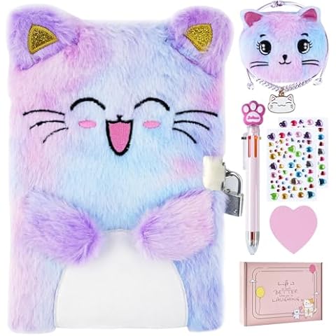 PJDRLLC Cat Diary with Lock, Gift for 6 7 8 Year Old Girl, Secret Diary Journal Notebook with Coin Purse, Multicolored Pen, Post-it Note, Stickers, Practical Gift for Birthday (A Happy Cat) Cover