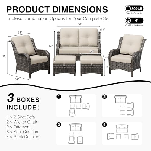 Image of Joyside 5 Piece Wicker Patio Furniture Set, Rattan Patio Chairs with High Back, Deep Seating, Wide Armrest, Thickened Cushions, Outdoor Furniture for Deck, Porch Use
