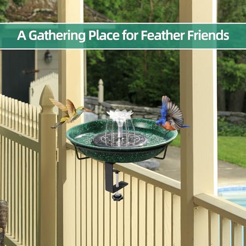 Image of Yiabivo Deck Mounted Bird Bath with Solar Fountain,Solar Railing Bird Bath Fountains for Hummingbirds,Adjustable Metal Durable Deck Bird Bath Holder for Outdoor Railings, Garden,Patio Deck