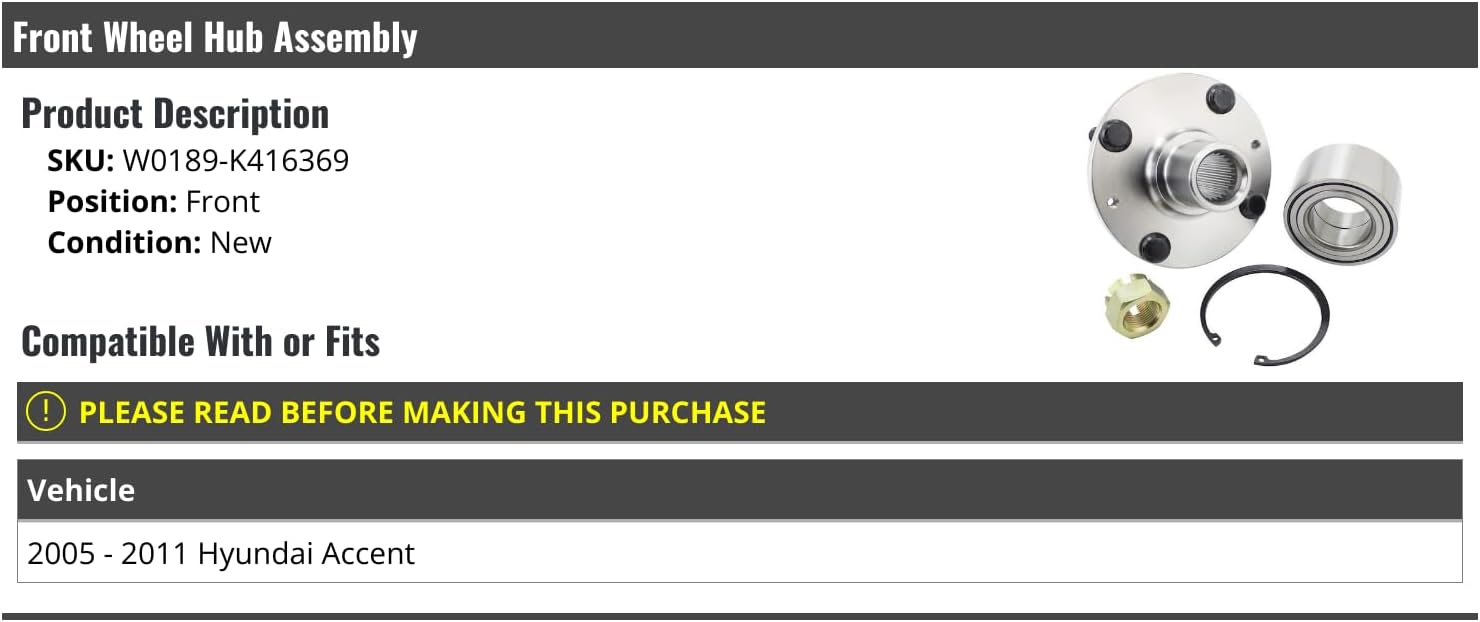 Marketplace Auto Parts Front Wheel Bearing Hub Assembly - Compatible with 2005-2011 Hyundai Accent