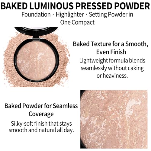Image of Baked Luminous Pressed Powder-Glow-Infused Foundation,Highlighter & Setting Powder in One-Color-Correcting,Oil-Control,Long-Lasting Coverage for All Skin Tones 03