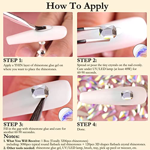 Dowarm 3200PCS Nail Art Rhinestones, Crystal Clear Flatback Rhinestones for Nails, Crafts, 12 Styles 3D Glass Crystal Nail Gems, White Diamond Stones