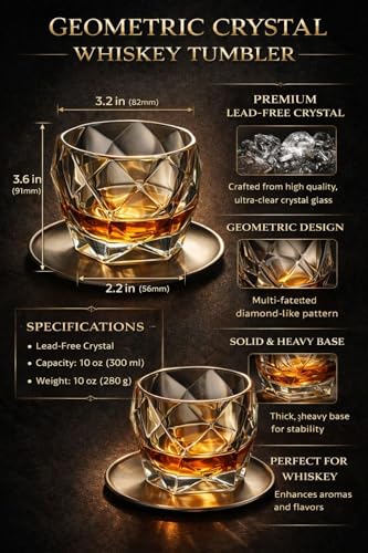 Image of IndElite Geometric Crystal Whiskey Glass | 10 oz Lead-Free Crystal Scotch Glass with Heavy Base, Diamond Cut Design | Premium Whiskey, Bourbon & Cocktail Glass for Men & Gifting, 340 ml (Set of 2)