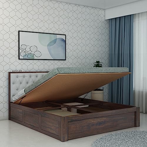 Image of Ganpati Arts Solid Sheesham Wood Decan King Size Bed with Hydraulic Storage and Upholstery Headboard (Walnut Finish)