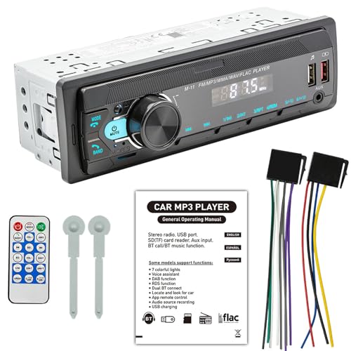 WIYETY Radio de coche Bluetooth 5.0: 1Din con manos libres Bluetooth, sintonizador FM con Bluetooth FM 2USB/AUX/tarjeta SD/reproductor MP3, mando a distancia, MP3/WMA/APE/FLAC
