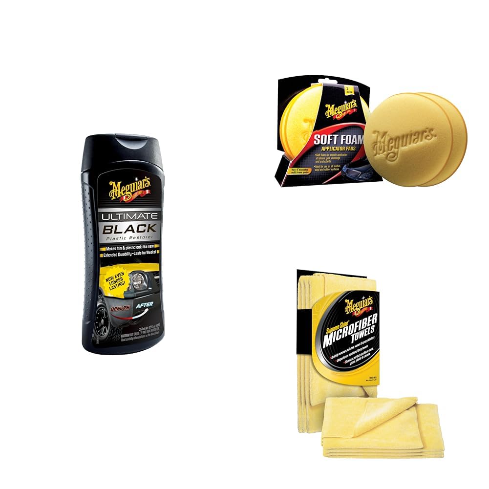Meguiar's G15812EU Ultimate Restauration Plastique & Garniture Noire 355ml, Redonne Aspect Neuf - avec 4 Tampons Applicateurs Mousse & Serviettes Microfibre Supreme Shine
