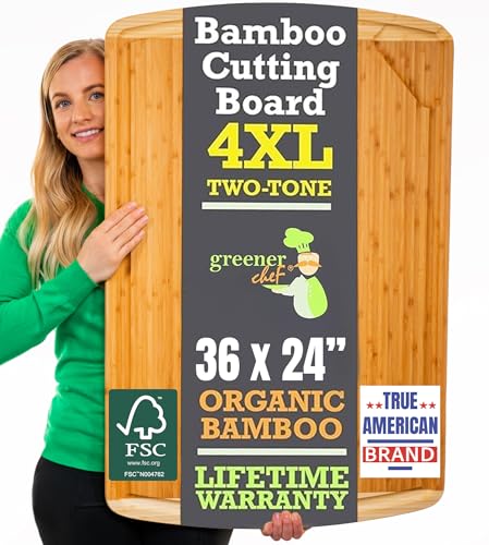 FSC® Certified 36 x 24 Inch Extra Large Bamboo Cutting Board with Lifetime Replacements 4XL Butcher Block, Oversized Carving & Charcuterie Board, Stovetop Cover for Kitchen Counter Space