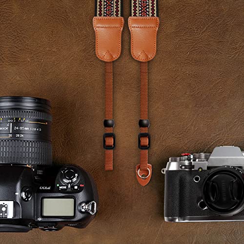 Image of Padwa Lifestyle Speed Red Embroidered Camera Strap - Double Layer Cowhide Ends,2 inch Cotton Woven Camera Straps, Adjustable Vintage Neck & Shoulder Strap for All DSLR Cameras,Great Gift for Photographers