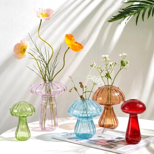 Mushroom Glass Propagation Station for Plants: Set of 5 Colored Vases Terrarium Kit for Home Office Indoor Hydroponics Decor - Birthday Gifts for Women Mom Grandma