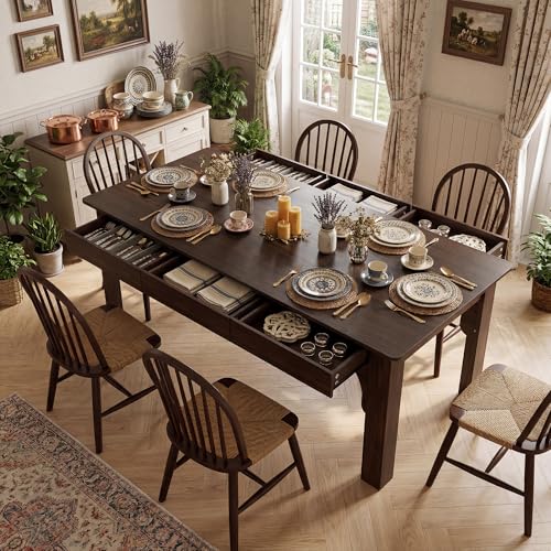 HOMSETTIE Farmhouse Dining Table for 6-8 People, 68.9" Rustic Kitchen Table with 6 Drawers, Long Rectangle Dinner Table with Wood Grain for Dining Room, Brown