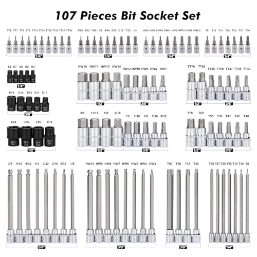 Image of Mayouko 107-Piece Bit Socket Set, 1 /4 inch, 3 /8 inch and 1 /2 inch Drive, Torx /Hex /Ball End Hex, SAE /Metric, S2 Steel Bits