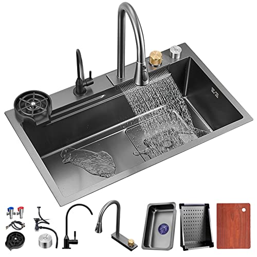 Kitchen Sink 304 Stainless Steel Nano Raindance Waterfall Sink Home Vegetable Basin Single Workstation Kitchen Sink with Pull-Out Faucet, Pressurized Cup Washer (80 * 45 * 20cm)