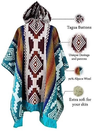 Image of Alpaca Mens Poncho with Hood - Cowboy Serape Western Poncho - Clint Eastwood Poncho for Men - Ecuadorian Cloak with Hood Men