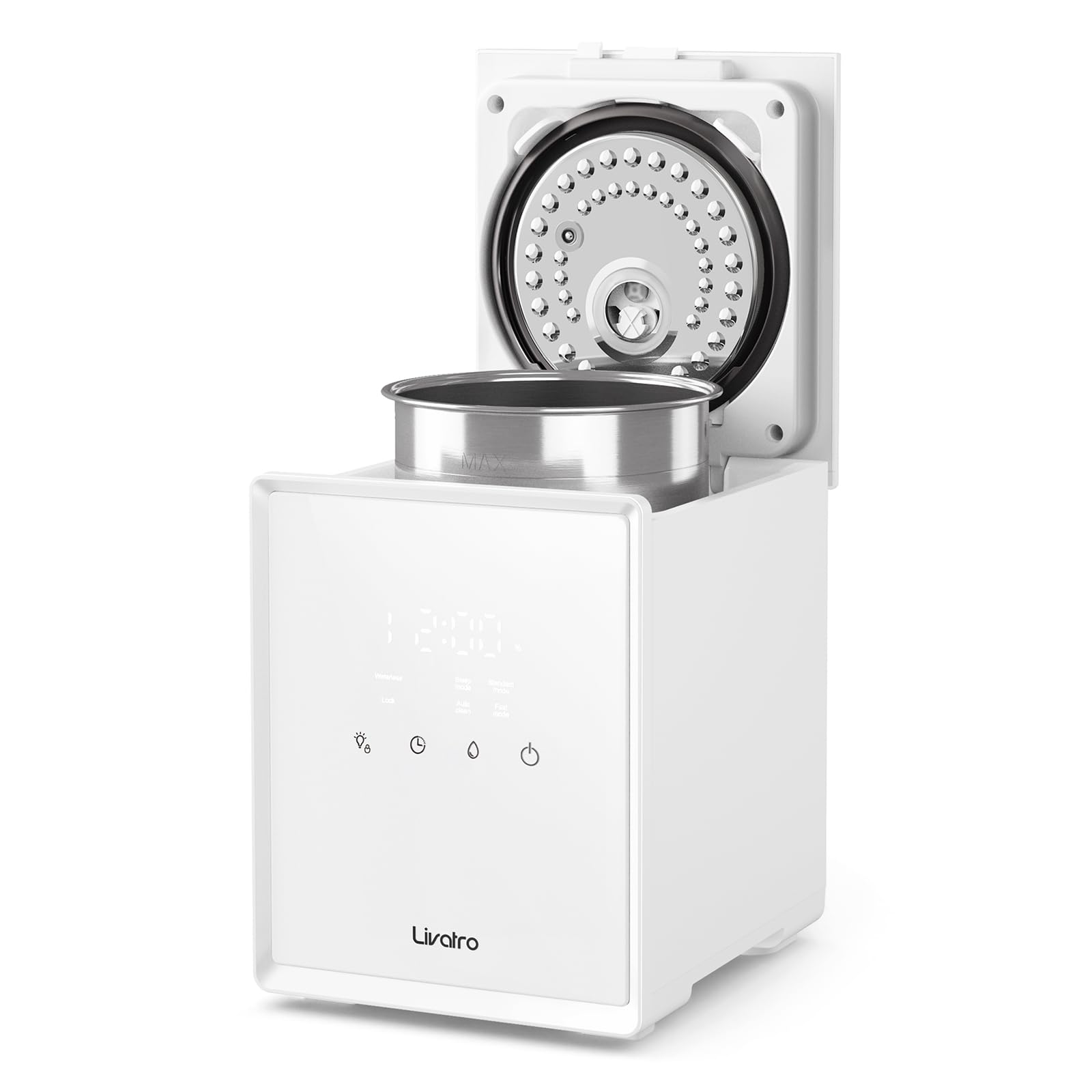 Livatro Humidificateur d’Air Chambre Top-Fill, 3L Humidificateur à Brouillard Chaud en Acier Inoxydable, Réduit 99,97% des Bactéries, avec Plusieurs Modes d’Humidité, Timer, pour la Maison, le Bureau