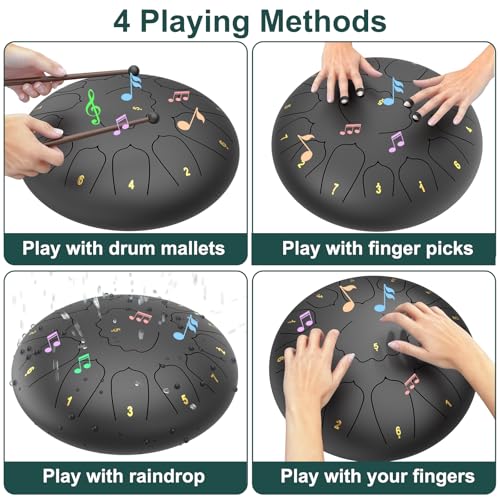 Image of Large Steel Tongue Drum Handpan: 12 Inches 13 Notes Rain Drums for Outside Garden, Meditation Hand Pan with Music Book, Mallets and Carry Bag, Musical Instrument for Adult Kid Gift (Black)