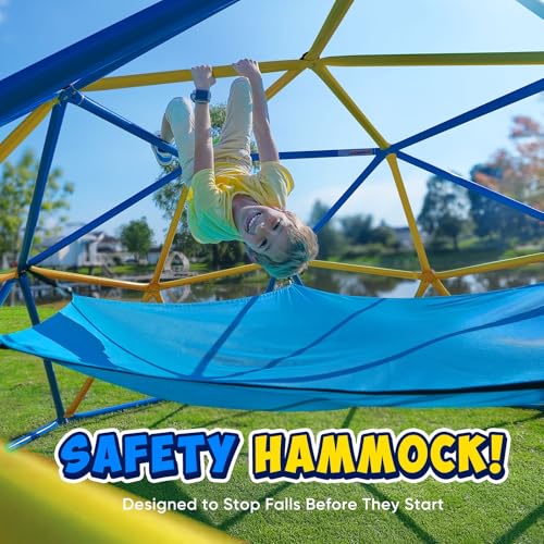 Image of Zupapa 10FT Climbing Dome with Hammock, Outdoor Jungle Gym for Kids, Geometric Dome Climber Supporting 1200LBS Outdoor Play Equipment, Yellow&Blue