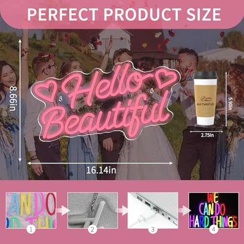 Image of Hello Beautiful Neon Sign, Dimmable Neon Light Sign, LED Letters Light up Signs for Wall Decor, USB Powered Neon Lights for Shop Party Bedroom Christmas Decoration 16.33 x 8.66 inch