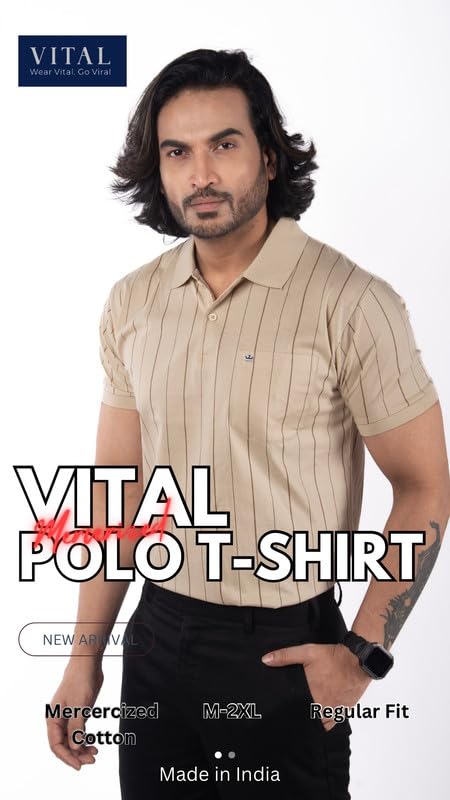 Image of Men's Polo T- Shirts Collar Neck Half Sleeves, Regular Fit, Cotton Mercerized Collection with All Over Vertical Printed Stripes /Comfortable and Soft