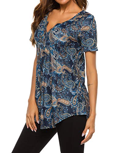 Halife Women's Floral Printed Short Sleeve Henley V Neck T-Shirt Pleated Casual Flowy Tunic Blouse Tops2