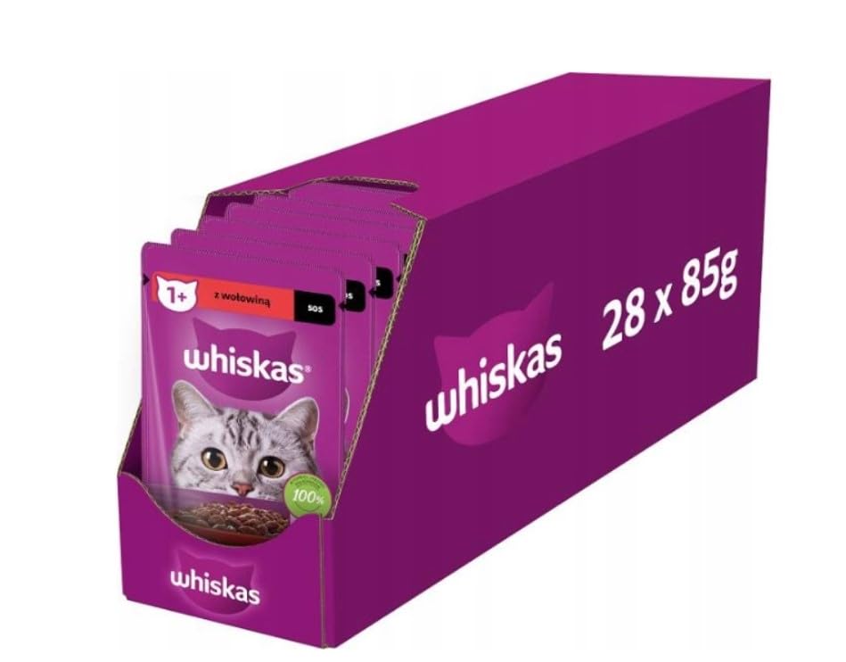 Whiskas Adult 1+ Nourriture pour chat au bœuf en sauce – Nourriture humide de haute qualité pour chats adultes – 28 sachets de 85 g