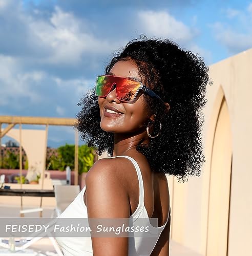 Image of FEISEDY Sunglasses for Women Men, Fashion Mirrored Single Lens Shades | 80s Rave Neon Oversized Sun Glasses, Driving Beach UV400 Sunnies B2996
