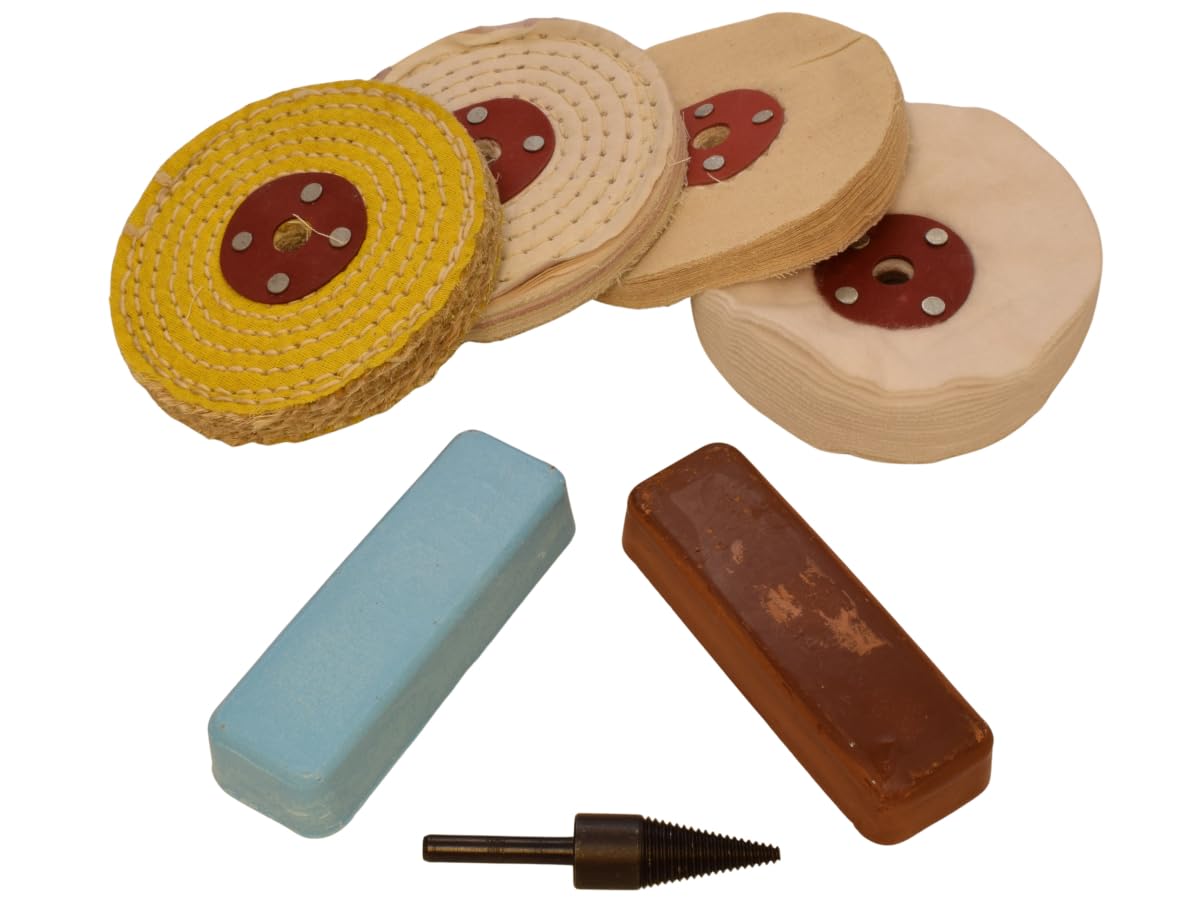 Moleroda Bench Grinder Metal Polishing Kit, 5 Pieces with Compounds, RODA Mops for Aluminium Brass, Copper, Steel, and More