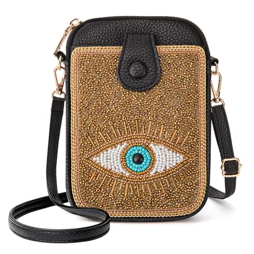 Ayuoejik Bolsa feminina pequena transversal para celular, carteira Boho com contas coloridas com estampas fofas feitas à mão, Olho dourado, Decorativo