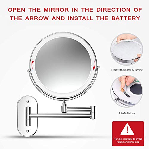 8'' Bathroom Mirrors Wall Mounted Makeup Mirror, Upgrade Auto Off LED Shaving Mirror 1X/10X Magnifying Double Sided 360° Swivel Extendable, Powered by 4 x AAA Batteries (chrome)