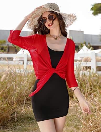 Image of Aiboria Womens 3 /4 Sleeve Shrug Sheer Mesh Bolero Tie Front Cropped Cardigan S-XXL