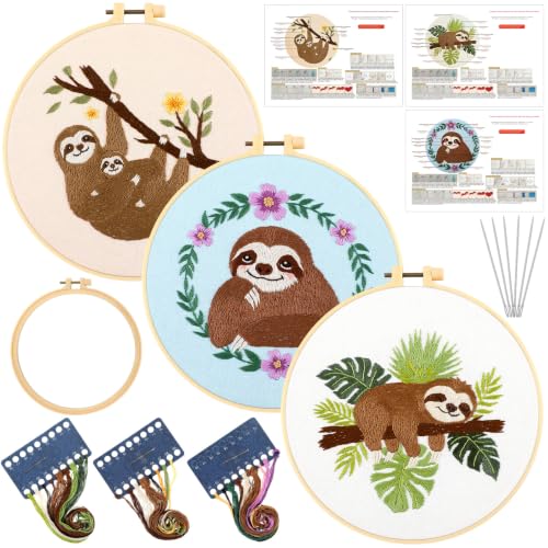 Image of Mindsoft 3 Set Needlepoint Kit for Beginners with Hoop,Sloth | Bamboo Hoop Thread Needles Instructions, Easy Hand Embroidery for Beginners Home Crafts,Pre-stamped Funny Cute Designs